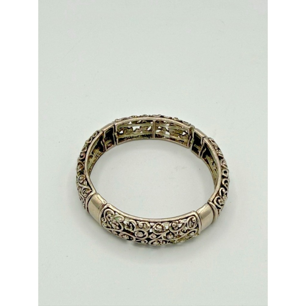 Vintage Ornate Silver-Tone Hinged Panel Stretch Bracelet Filigree Floral Design